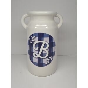 Blue Gingham Farmhouse Utensil Canister Kitchen Vase Jug Decor Initial B